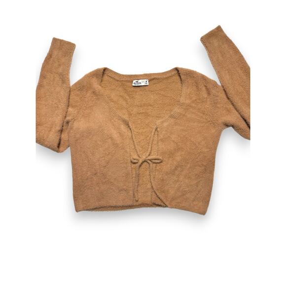Hollister Camel Tan Fuzzy Tie-Front Cropped Cardigan Size Medium - Picture 4 of 10